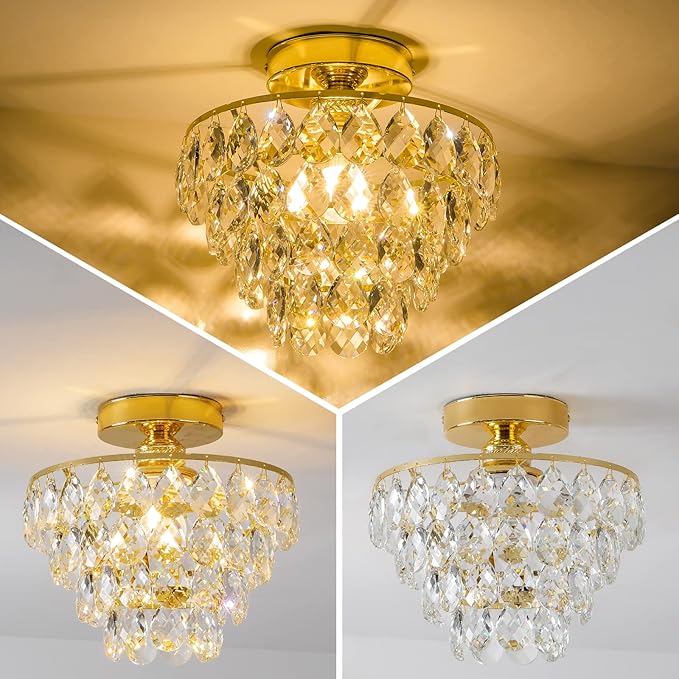 CM MZY Modern Gold Crystal Chandeliers, Mini Flush Mount Ceiling Light Fixture, Close to Ceiling Lamp Fixture for Hallway Bedroom Bathroom Closet Kitchen Foyer