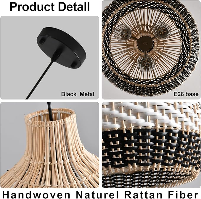 3-Light Rattan Pendant Light,15" Hand-Woven Black White Boho Basket Wicker Chandelier Faux Rattan Hanging Light,for Living Room Bedroom Kitchen Dining Hallway Farmhouse