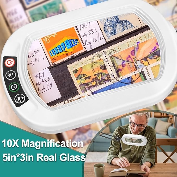IVMAIE 10X Magnifying Glass with Light and Stand Magnifier with Light Hands Free Lighted Magnifying Desk Lamp Dimmable for Close Work Craft Read Cross Stitch Sewing Repair Hobby Rectangular White