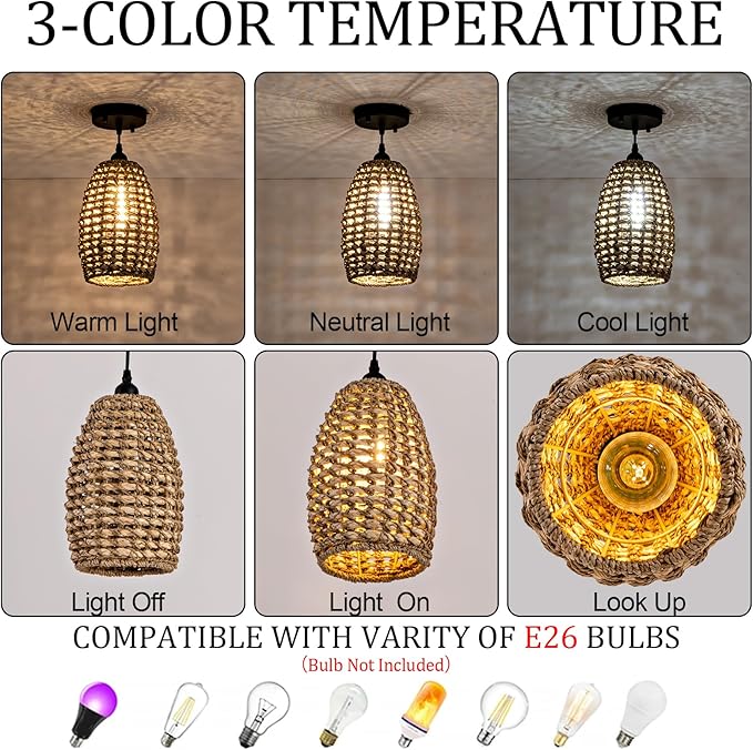 Mini Rattan Pendant Light Fixtures,7.09" Boho Pendant Light,3-Pack Hand Woven Seagrass Rattan Chandelier for Dining Living Bedroom Kitchen Farmhouse