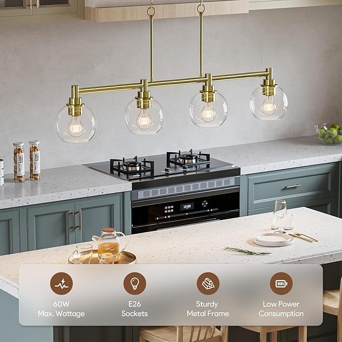VONLUCE Dining Room Light Fixture Over Table, 4-Light Kitchen Island Lighting with Round Glass Shades & Adjustable Hanging Heights, Linear Chandlier for Dining Room Kitchen, Gold, ETL Certificated