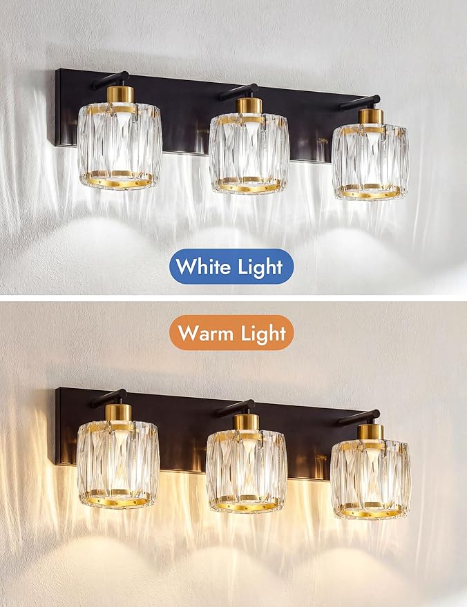VOLISUN Crystal Vanity Lights for Bathrooms, 3 Light Bathroom Vanity Light, Black and Gold Bathroom Light Over Mirror, Modern Bathrooms Lights Fixtures-UL Certificated(Exclude Bulb)