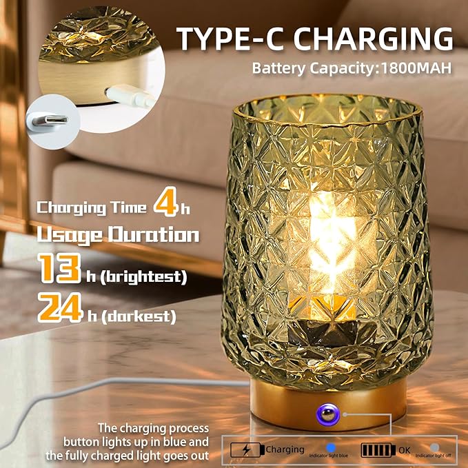 MJ PREMIER Cordless Rechargeable Table Lamp, Dimmable Portable Night Light with Diamond Facet Design 1800mAh Battery Operated Lamp for Bedside Patio Outdoor Home Decor, Emergency Gift for Women Green