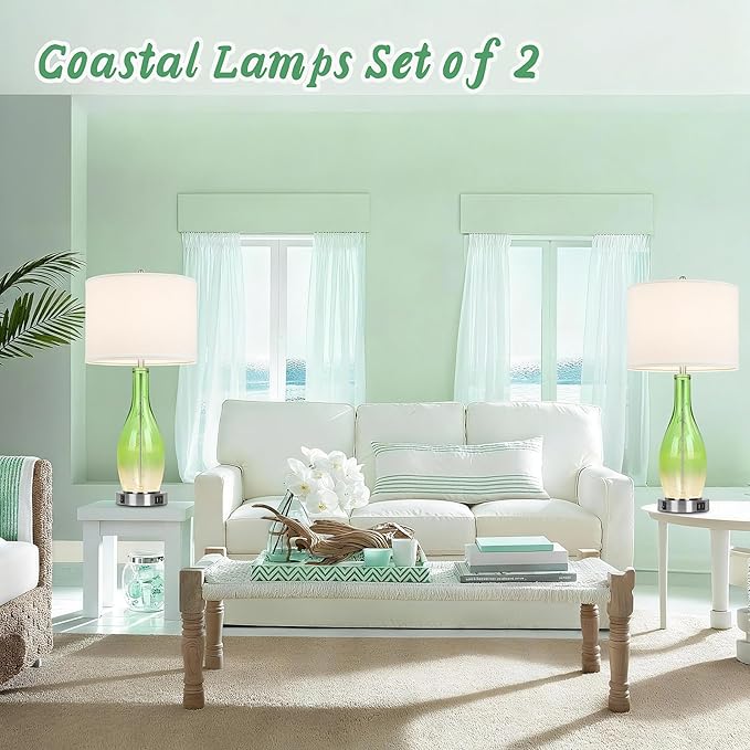 BesLowe 26in Tall Glass Table Lamps Set of 2 with 2 USB Charging Ports & LED Nightlight, Large Coastal Table Lamps for Living Room End Table, Modern Beach Lamps for Bedroom Bedside Nightstand, Green