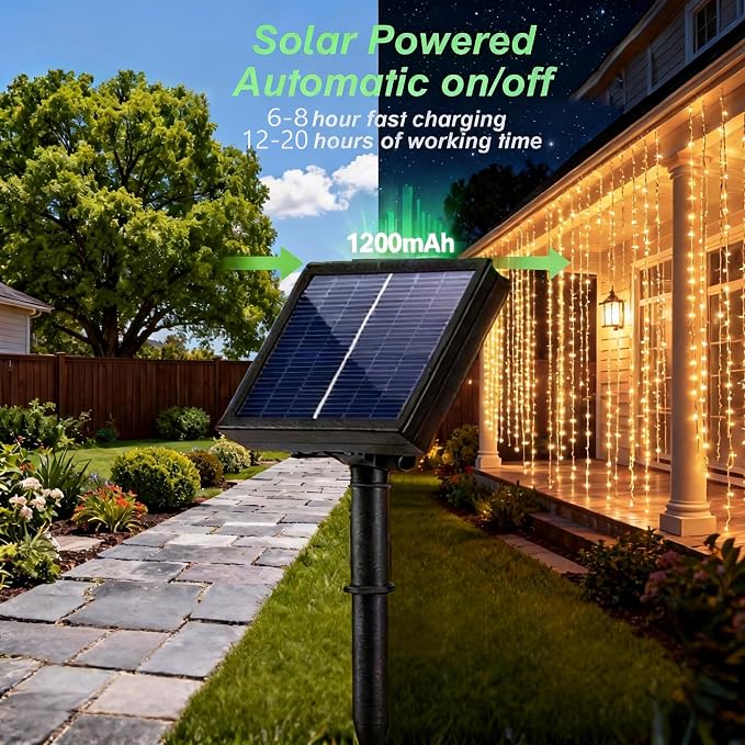 2 Pack Solar Curtain Light Outdoor, 20ft x 10ft, 480 LEDs in Total Solar Powerd String Lights Waterproof Outside for Garden Party Wedding Decór