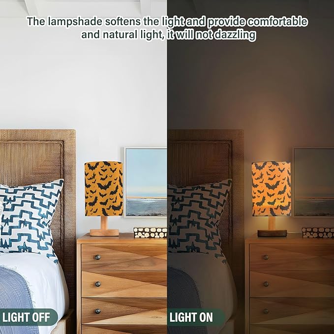 Aslsiy Halloween Black Bat Orange Bedside Table Lamp Nightstand Lamp Night Light Fabric Shade for Bedroom Living Room Home Office