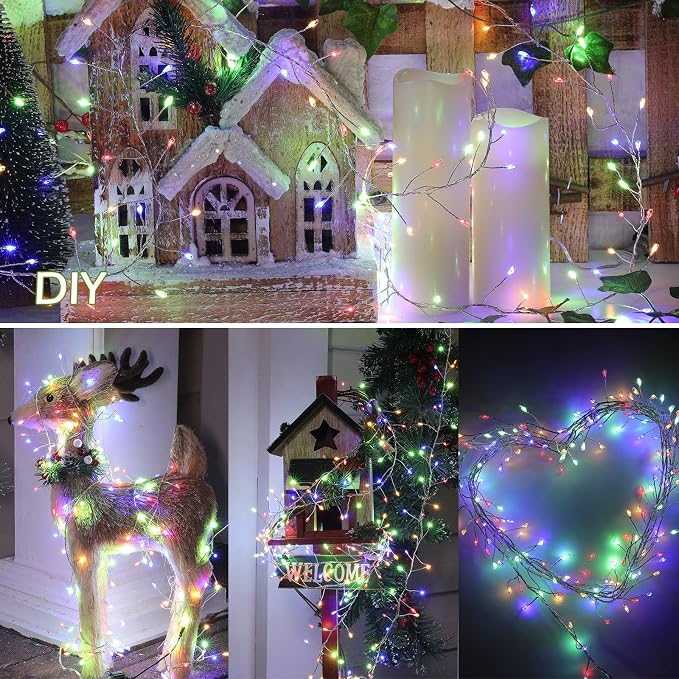 Minetom Fairy Lights Plug in, 10Feet 200LED Cluster String Lights, Silver Wire Waterproof Starry Firecracker Lights for Ceiling Bedroom Wreath Window Wedding Christmas Tree Decorations, Multicolor