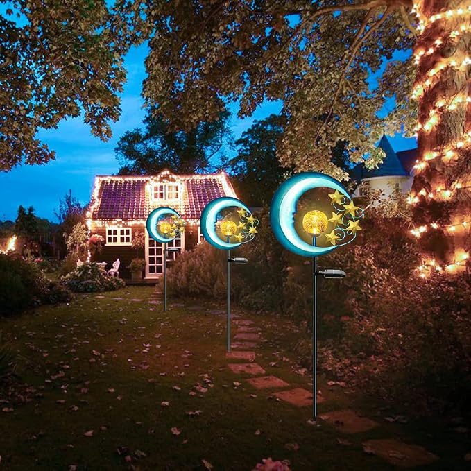 EPROSMIN Stars Moon Solar Lights Outdoor - Solar Powered Garden Lights Decorative Crackle Glass Globe Led Waterproof Landscape Lighting for Pathway,Yard,Lawn,Patio
