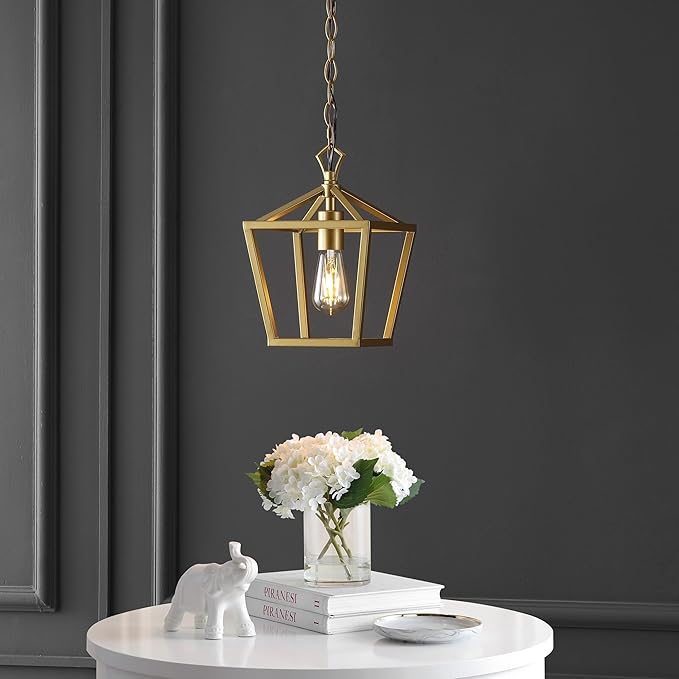 JONATHAN Y 8" Gold Painting Lantern Pendant Light, 1-Light Pagoda Style Metal Cage Farmhouse Hanging Ceiling Fixture for Kitchen Island, LED Bulb Included (JYL7618B)