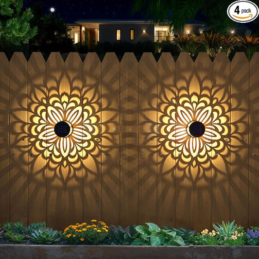 4 Pack Solar Fence Lights Metal Solar Powered Outdoor Wall Deck Step Lights Mandala Theme Waterproof Fence Light for Garden Post Patio Backyard Yard Decor, Gardening Gifts for Women Mom Grandma