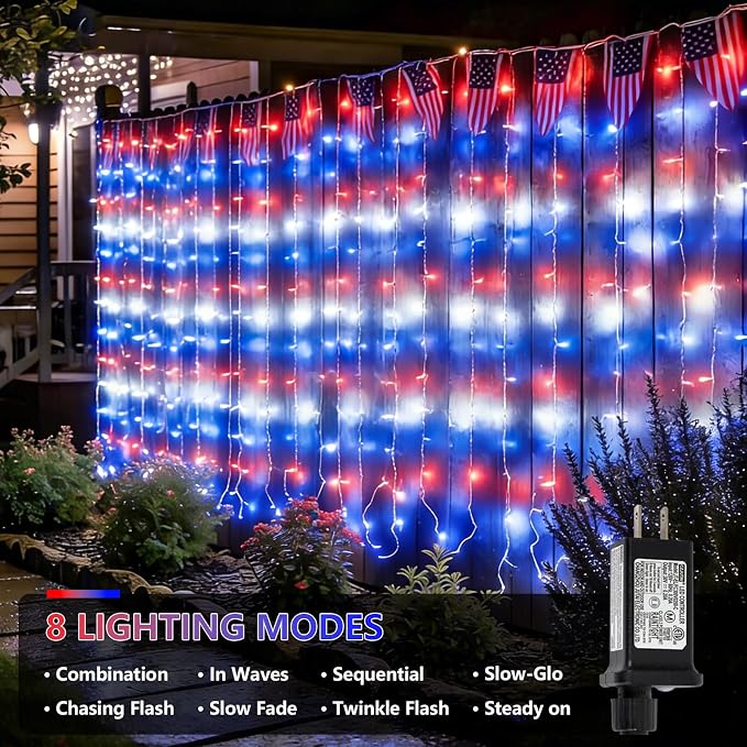 YEGUO 300 LED Red White and Blue Lights, 4th of July Lights Plug in, Patriotic Curtain Lights Hanging String Lights for Bedroom Wall Window Backdrop Indoor Outdoor Independence Memorial Day-9.8x9.8ft