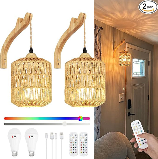 Frideko Boho Rechargeable Wall Sconces Set of Two with Remote, RGB 15 Colors Dimmable Battery Operated Wall Light, Indoor Wireless Wall Lamp with 3 Timer, Farmhouse Rattan Wall Lighting for Bedroom