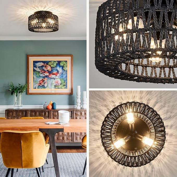 Rattan Light Fixtures Ceiling Mount, 3-Lights Boho Flush Mount Ceiling Light, Hand-Woven Cage Shade Lamp Lighting, Rustic Rattan Chandelier for Hallway Bedroom Kitchen Farmhouse Foyer Entryway (Black)