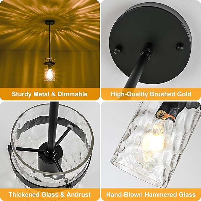3 Pack Black Pendant Lights Kitchen Island, Hammered Glass Pendant Lighting Over Island, Kitchen Hanging Light Fixtures Pendant Light Over Sink for Kitchen Entryway Foyer Dining Room