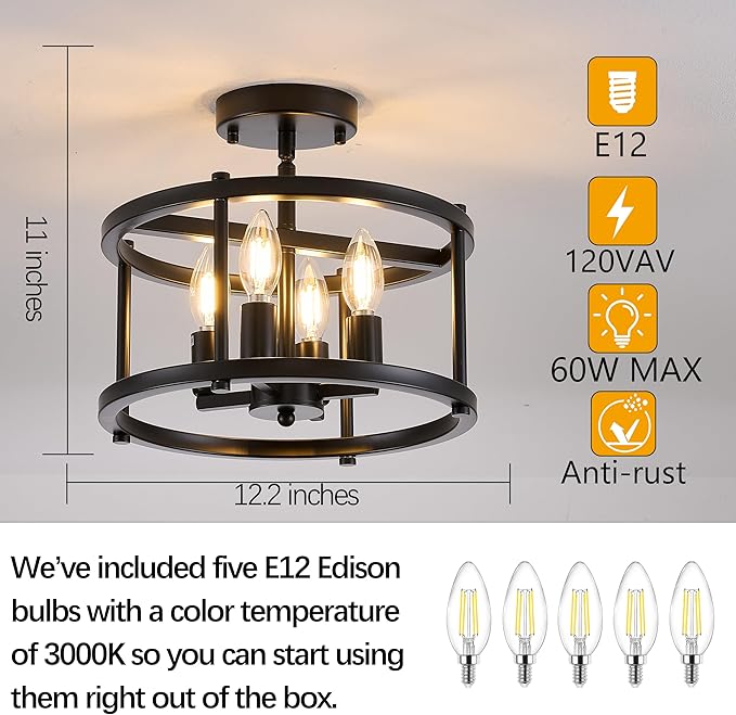 Black Semi Flush Mount Ceiling Light, 4-Light Farmhouse Industrial Ceiling Light Fixture for Hallway Entryway Kitchen Bedroom, Rustic Metal Low Ceiling Light, E12 Base, Bonus Bulbs