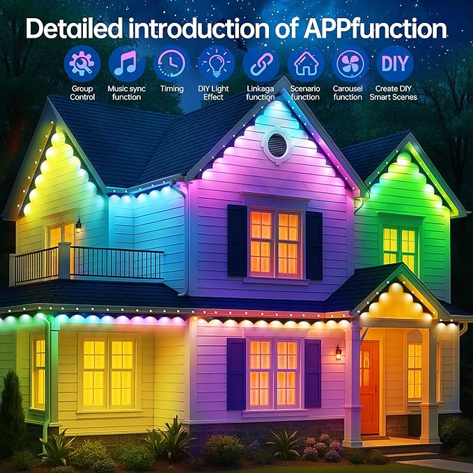 Permanent Outdoor Lights 150ft RGB+IC Outdoor String Lights App Control IP67 Waterproof,100 Scene Modes Home for Christmas,Halloween,Holiday, Daily,Birthday Decor