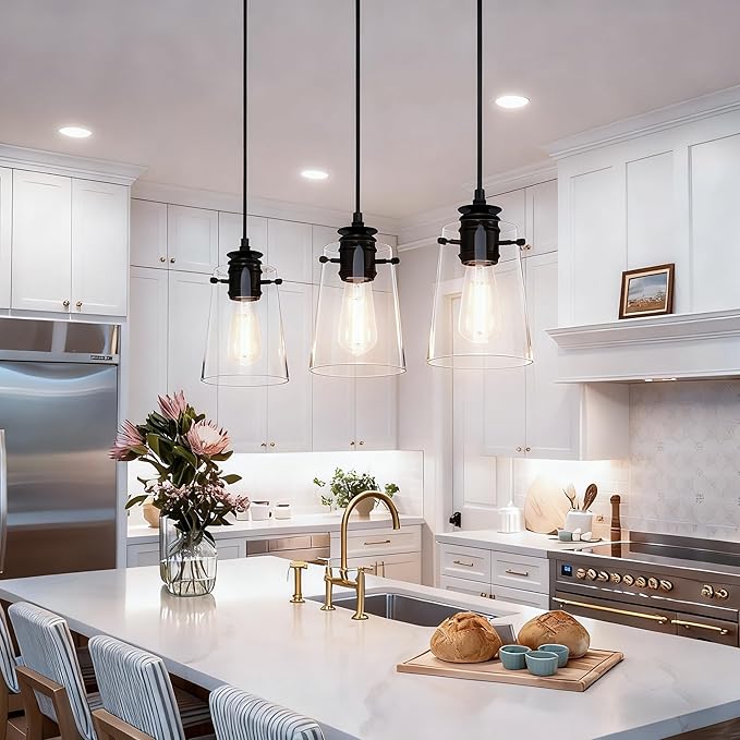 2Pack Pendant Lights Kitchen Island, Modern Industrial Pendant Light Fixtures with Glass Shade, E26 Socket Adjustable Cord for Dining Room, Bedroom, Living Room, Farmhouse Pendant Lighting