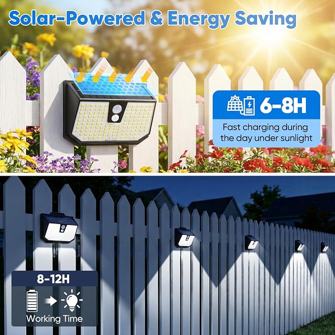 Brightever Solar Lights Outdoor Motion Sensor, 6 Packs Super Bright Solar Fence Lights with 3 Lighting Modes, Solar Powered Security Wall Lights Waterproof for Outside, Yard, Pathway, Garden, Deck