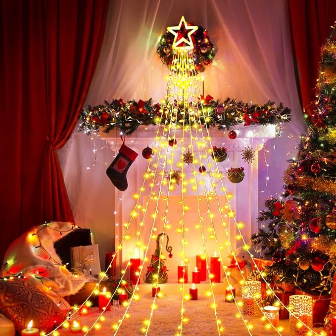 Waterfall Christmas String Lights with 317 LED Star Hanging Twinkle Fairy Curtain Lights for Party Wedding Patio Indoor Outdoor Decorative Water Flow Lights