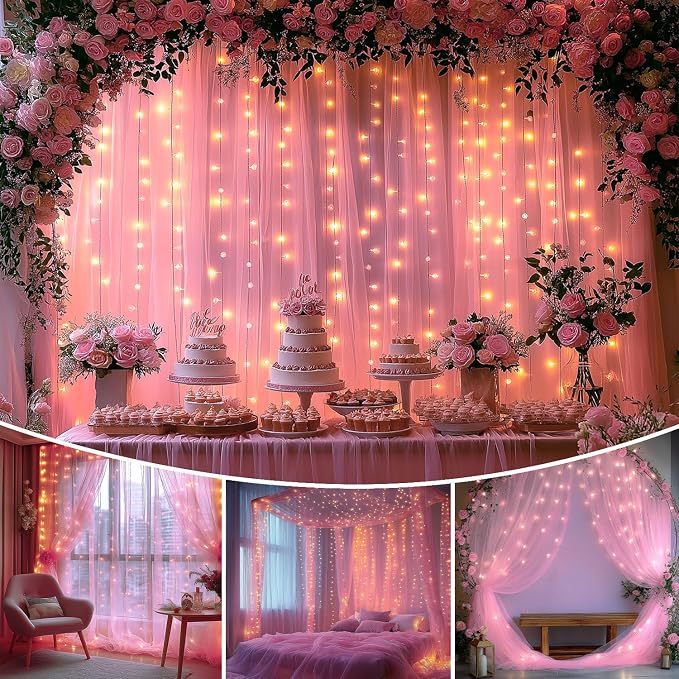 10x10ft Pink Tulle Backdrop Curtain with Lights String Sheer Drapes for Baby Shower for Girls, Bridal Shower, Birthday, Photo Booth, Party, Home Decor (2 Panels, Pink)
