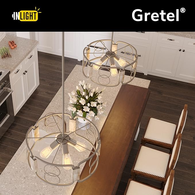 Inlight 16" Modern Farmhouse 4-Light Drum Island Chandelier with Distressed Wood Accents, Brushed Silver Gray Finish, Semi-Flush Convertible Pendant, IN-0336-4-WD
