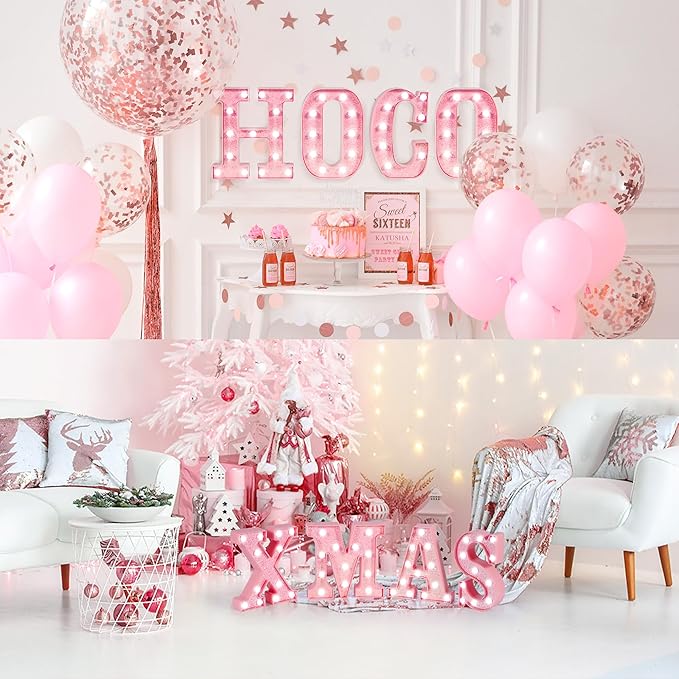 Pink Marquee Light Up Letters, Glitter Alphabet LED Letter Lights for Pink Birthday Party Decorations, Battery Operated Letter Sign for Girls Room Vanity Table Decor, Cool White Lights Letter A