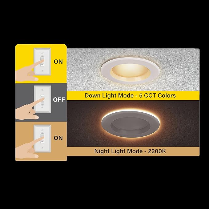 Feit Electric 6" LED Canless Recessed Downlight with Night Light Mode and Integrated J-Box, 85W EQ, Dimmable, 5CCT Selectable White, 1200 Lumens, 50,000-hour Lifetime, LEDR6XT/HO/NL5CCTCA4, 4 Pack