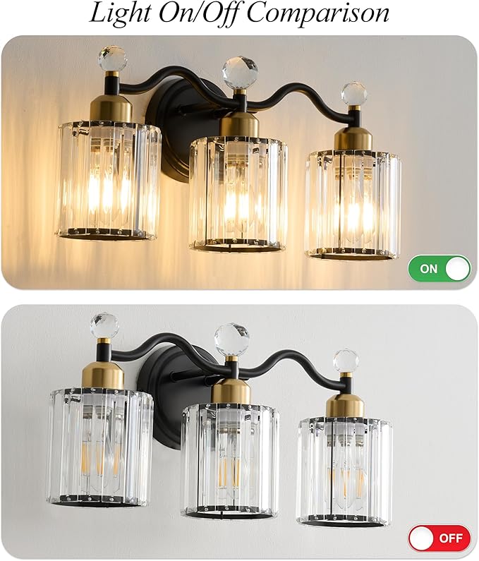 Modern Crystal Bathroom Vanity Light,Balck and Gold 3-Lights Bathroom Light Fixtures, Vanity Light Fixtures Over Mirror, Glass Wall Sconce Light for Bedroom, Kitchen, Living Room, Gallery, E26 Base