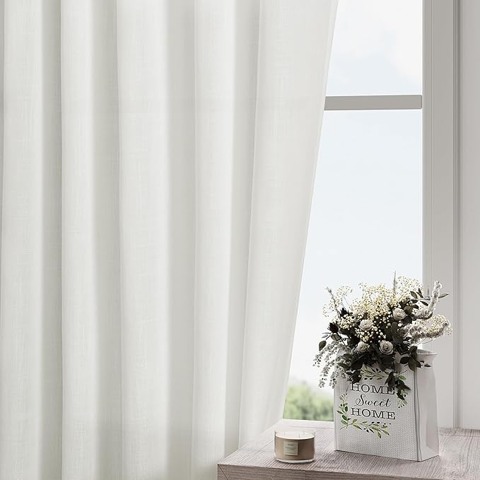 Off White Linen Curtains 92 inches Long for Bedroom Back Tab Light Filtering Privacy Sheer White Curtains Modern Farmhouse Coastal Decor Cotton Textured Gauze Curtain for Living Room 2 Panel Set