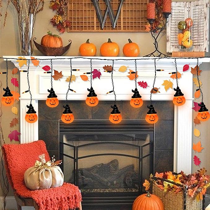 Halloween Curtain Pumpkin Hat Lights, 7Ft Hanging Halloween Decorative String Light with 10 Witch Hat Pumpkin Lights and 15 Mini Orange Bulbs UL Listed for Indoor Outdoor Party Porch Window Decor