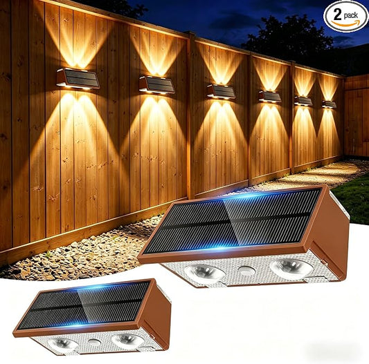 Solar Fence Lights Outdoor, 2 Pack 100LM Fence Lights Solar Powered, 9 Color Modes, Up and Down LED Focused Beam, 12H Dusk to Dawn Glow for Pool/Patio/Wall/Backyard - Matte Brown