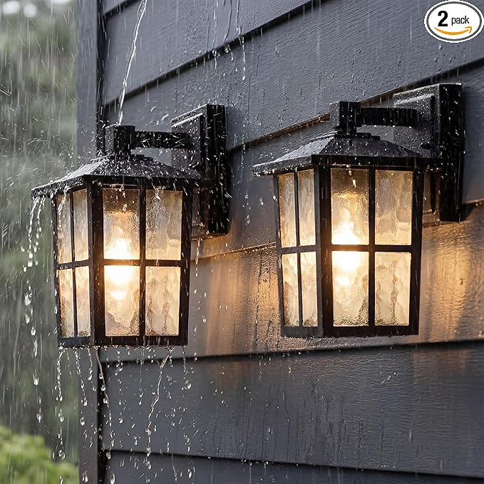 KDG Outdoor Waterproof Patio Wall Light Fixtures Set of 2, Black E26 Socket Exterior Lanterns with Tempered Glass, Modern Wall Mounted Lamp Suitable for Home, Front Door, Garden, Garage, Porch