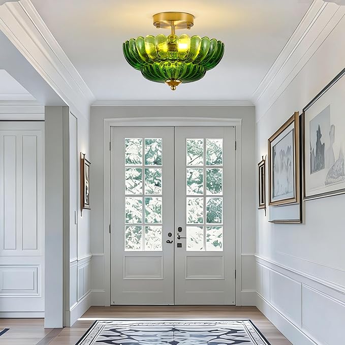 Semi Flush Mount Ceiling Light Green Crystal Glass Fixture - 12" Vintage Gold Close to Ceiling Lamp for Bedroom Hallway Kitchen Entryway, Mid Century Modern Art Deco Lighting (3-Light, E26 Base)