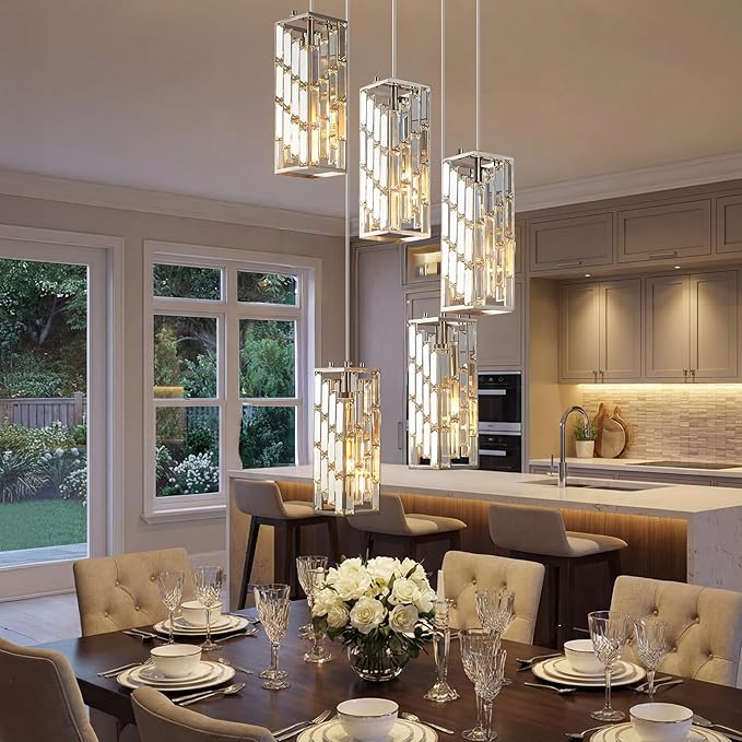 Brushed Nickel Pendant Lighting Modern Pendant Light, Mini Crystal Chandeliers,Adjustable Pendant Light Fixture for Kitchen Island Dinning Room Bedroom (5 Light)