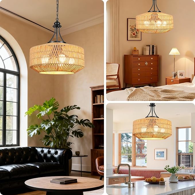 5-Light Rattan Pendant Light, 18.8" Large Boho Chandeliers for Living Room, Dining Room, Hand Woven Wicker Fixture with Adjustable Cord, Coastal Farmhouse Hanging Lamp for Kitchen Island