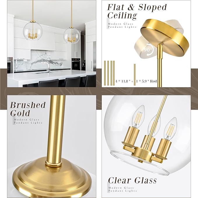 12" Gold Pendant Lights 2 Pack Glass Globe Pendant Light Fixture Bedroom Mid Century Modern Pendant Lighting Brass Pendant Light for Kitchen Island Bedroom Living Room (Bulb Incl.)