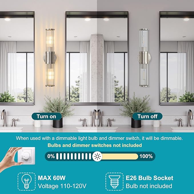 Brushed Nickel Wall Sconce Bathroom Vanity Light Fixtures for Mirror, Modern Wall Light with Glass Rod Shade for Bathroom, Bedroom, Hallway, Living Room - Bulb Not Included