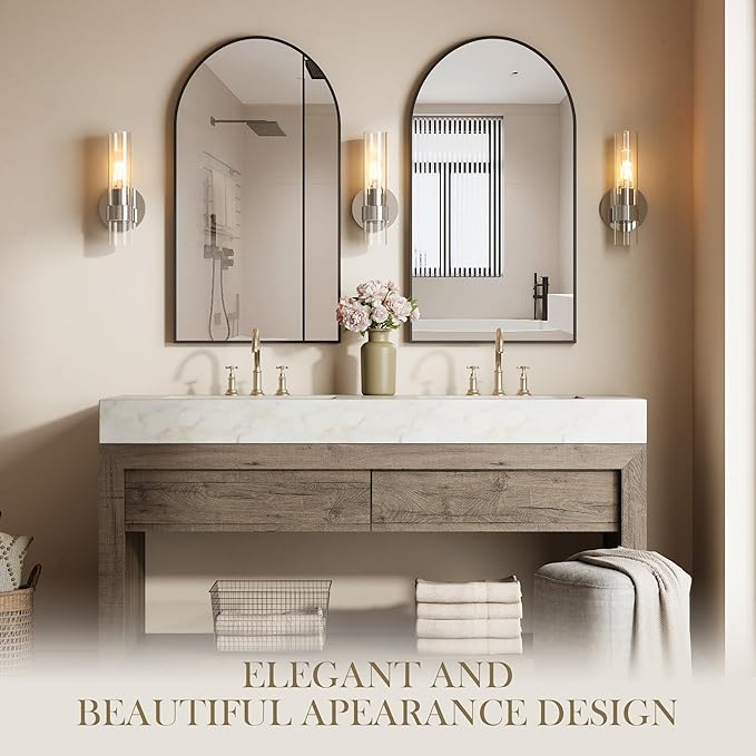 Wall Sconce Set of Two, Hardwired Bathroom Wall Sconces Lighting with Clear Glass, Modern Wall Sconces Set of 2 Wall Light fixtures for Bathroom Mirror Living Room Hallway Bedroom(Silver)