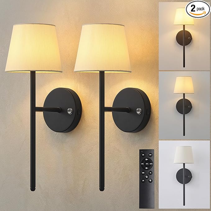 Battery Operated Wall Sconce Set of 2, Small LED Rechargeable Wall Lights with Remote, 5200mAh Dimmable Fabric Shade Cordless Wall Lamp for Bedside, Bedroom, Hallway, Living Room, Gifts (Black)