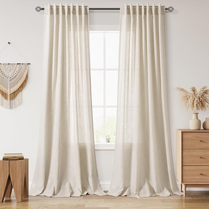 Boho Linen Curtains for Living Room 94 Inches Long Light Filtering Semi Sheer Curtain Back Tab Boho Eclectic Home Decor Elegant Luxury Farmhouse Drapes for Bedroom Dinner Room 52x94, 2 Panels