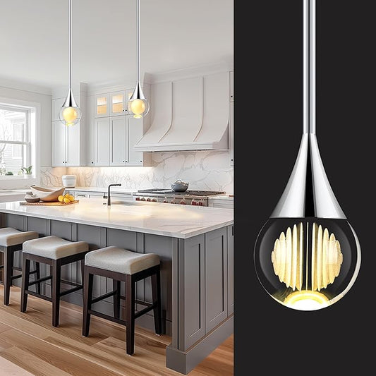 1-Pendant Lights Kitchen Island, Silver Crystal Globe Ceiling Hanging Light Fxitures, LED Light Fixtures Metal Rod Ceiling Glass Pendant Lighting for Kitchen Island Dining Room Bar