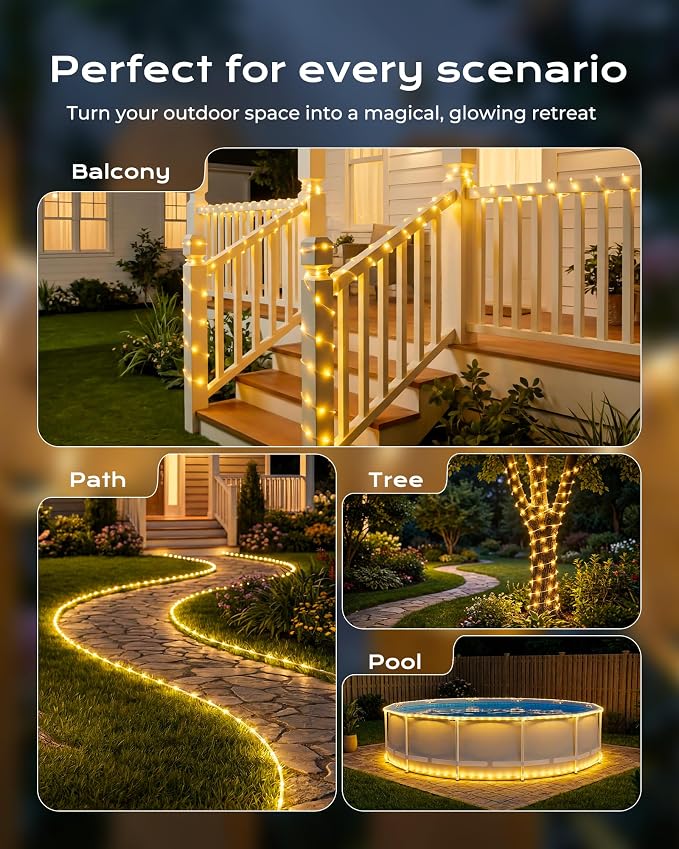 Brightown Solar Rope Lights, 1 Pack 39FT 100 LED Warm White Solar String Lights Outdoor, IP65 Waterproof Solar Powered Fairy Lights with 8 Lighting Modes for Yard Garden Patio Tree Decoration