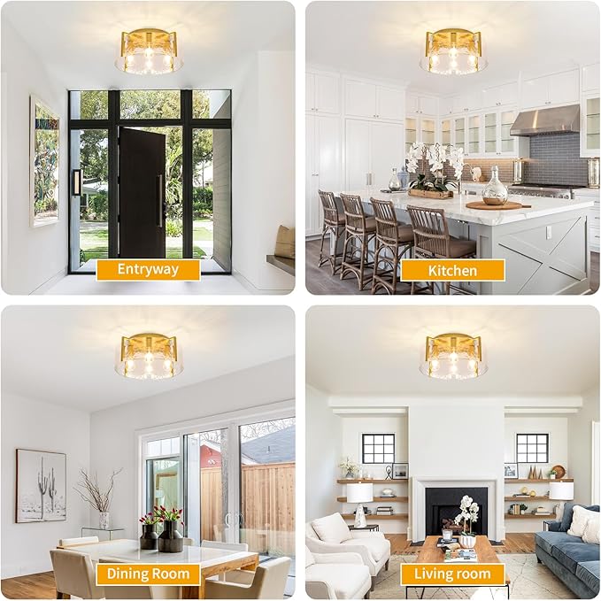 Modern 4-Light Gold Semi Flush Mount Ceiling Light, with Hammered Glass Shade, Round Hallway Lighting Fixtures for Kitchen Entryway,Bedroom,Dining Room,Living Room