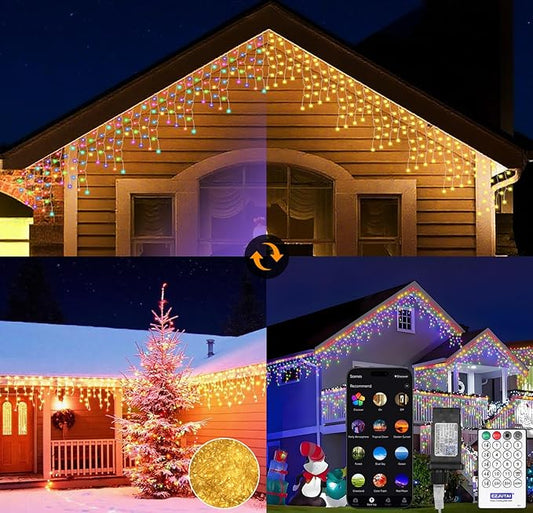 LED Icicle Lights for Outdoor Christmas Decorations,32.8Ft 400 LEDs Color Changing Christmas Fairy Light,APP & Remote Control,17 Lighting Modes,Plug in RGB hanging Curtain Lights for Xmas Party