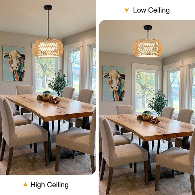 4-Light Farmhouse Rattan Chandelier,15.7'' Boho Hand Woven Drum Pendant Light Fixtures with Fabric Shade,Coastal Rattan Hanging Ceiling Lights for Kitchen Island,Dining Room,Living Room,Entryway,Foyer