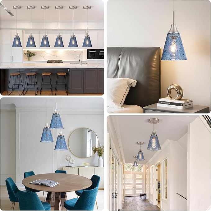 Viinew Mini Glass Pendant Light,5.9" Horn Shape Dark Blue Glass Hanging Light,1-Pack Handblown Clear Blue Seeded Shade Adjustable Cord Ceiling Light Fixture for Kitchen Island Sink
