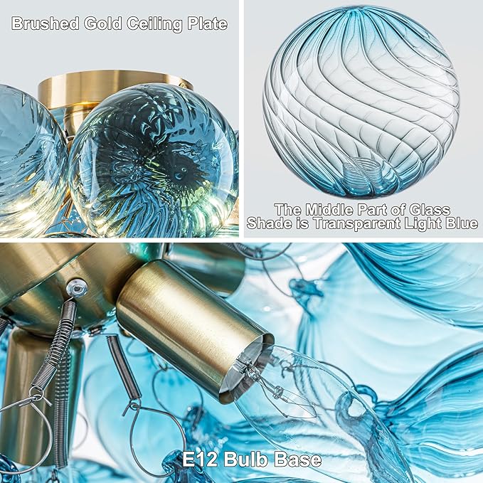 GoYeel Flush Mount Chandelier Gold, Kitchen Lights Ceiling Modern Glass Bubble Light Chandeliers 18.5" with 13 Swirled Blue Globe for Dining Room Bathroom Entryway Bedroom