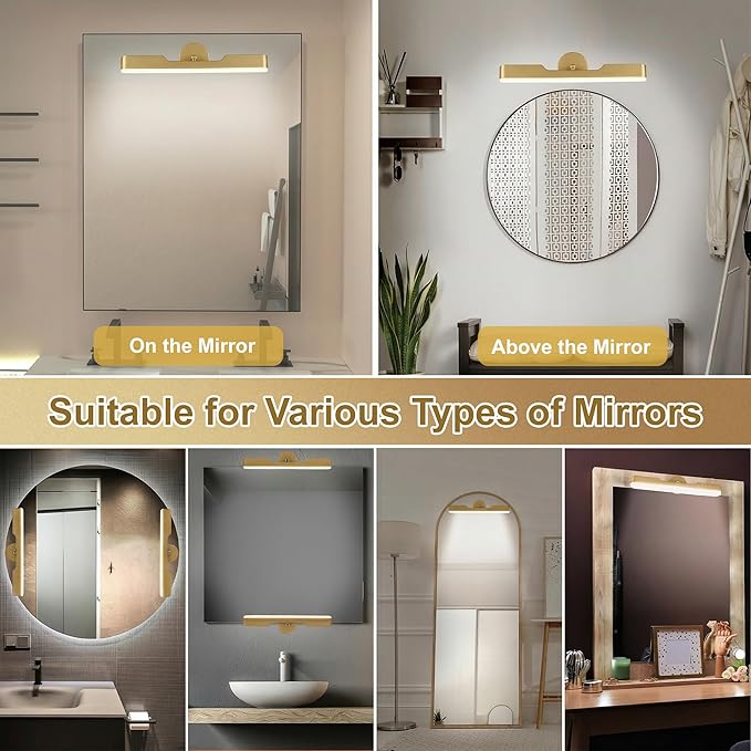Benreom 2 Pack Wireless Vanity Lights for Mirror, Rechargeable Battery Operated Makeup Light, Adjustable Light Bar, Magnetic Stick on LED Lighting Bathroom Decor Accessories, Gold