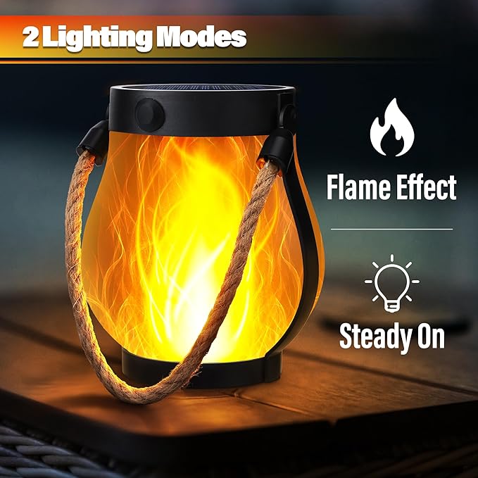 iBaycon 1 Pack Gen2 Solar Lantern Lights USB Ultra-Real Flame, Warm White | Solar Garden Lights with Dual Charging USB & Solar, 2 Modes Outdoor Waterproof Hanging Lantern for Patio Yard Home