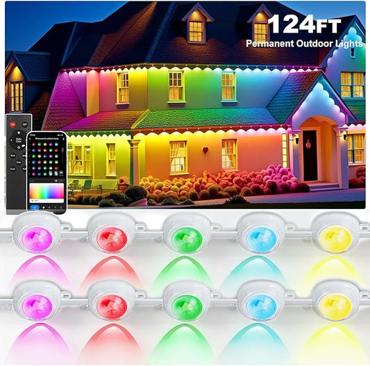 124FT Permanent Outdoor string Lights, Smart RGB Color-Changing Eaves Lights with 72 LED, IP67 Waterproof Exterior Lights, App Control for House Roof & Trim, DIY Modes for Christmas Holidays Lighting
